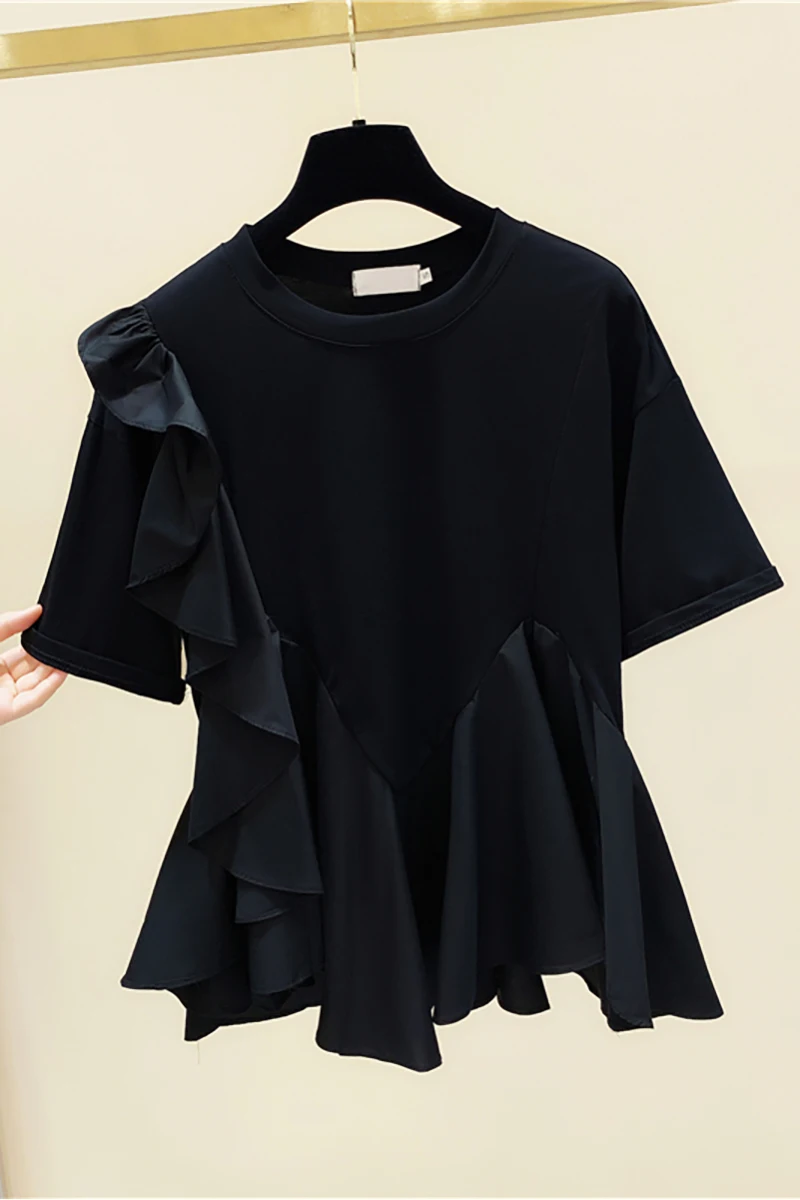 

Black White T-shirt Tops 2021 Ruffle Patchwork Short Sleeve O Neck Solid T-Shirt Women Summer Loose Casual Tops Korea Japan