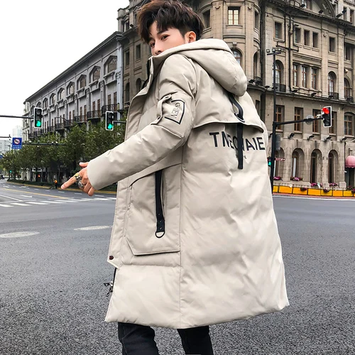 beige Зимнее длинное пальто для мужчин модная Толстая теплая хлопковая стеганая меховая парка с длинным капюшоном Мужская ветровка Хип-хоп пуховик для мужчин - Цвет: beige