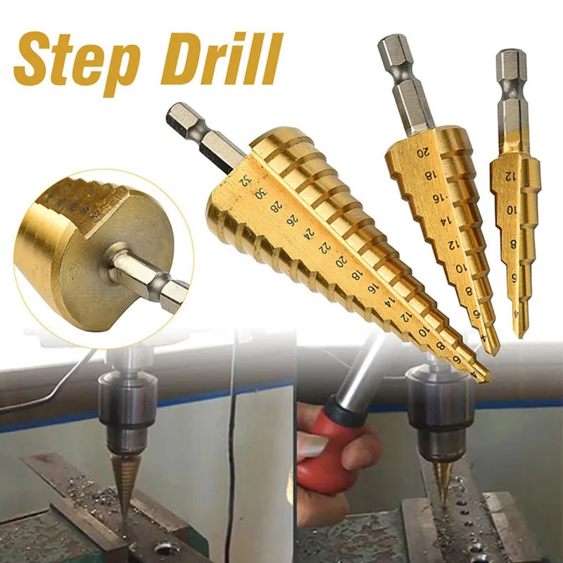 

HSS Steel Straight Groove Step Drill Bit 4-12mm 4-20mm 4-32mm Titanium Coated Wood Metal Hole Cutter Core Drilling Tools Set