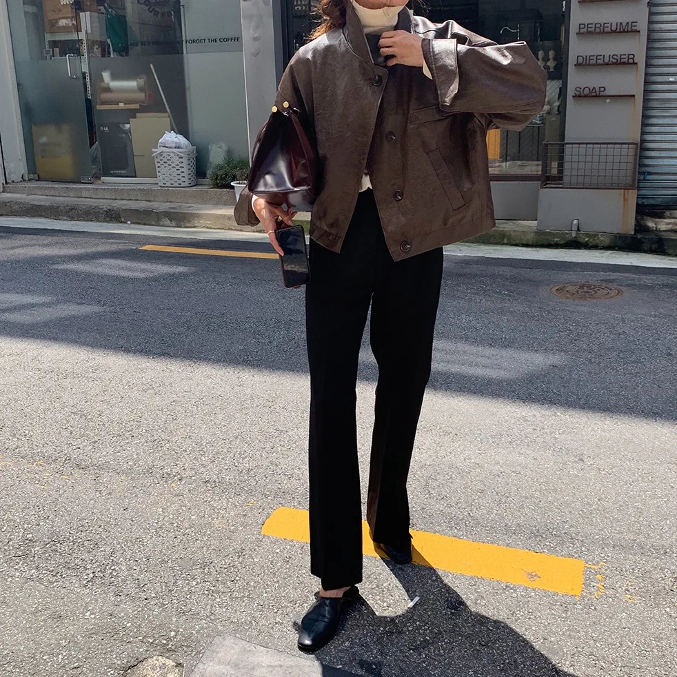 

Streetwear Women PU Leather Jackets Single-breasted Loose Female Faux Leather Outerwear 2021 Autumn Winter Jacket