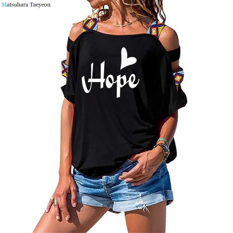 

HOPE Heart Women T Shirt Summer Letter Printe T-shirt Short Sleeve Cotton Black Tees Womens Sexy Hollow Out Shoulder Tops