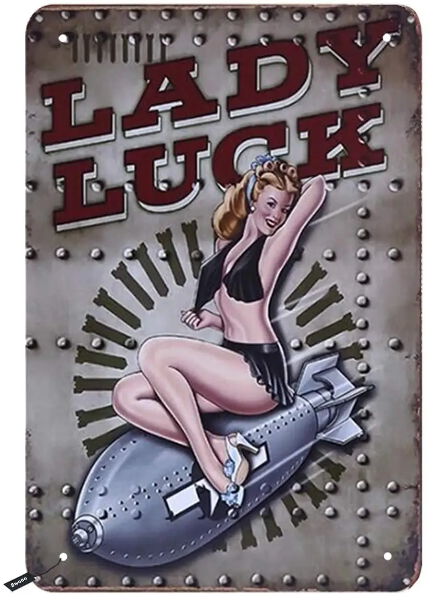 

Swono Pink Up Girl Tin Signs,Lady Luck Sexy Women Sit on The Bomb Vintage Metal Tin Sign for Men Women,Wall Decor for Bars