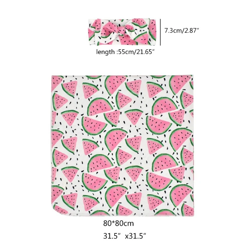 

F62D 2 Pcs/Set Newborn Baby Receiving Blanket Headband Set Infant Fruit Printed Swaddle Wrap Sleeping Bag Hair Band