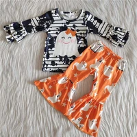 wholesale children baby girl halloween clothing sets kids ruffle tie dye striped shirt orange ghost bell bottomed pants outfit