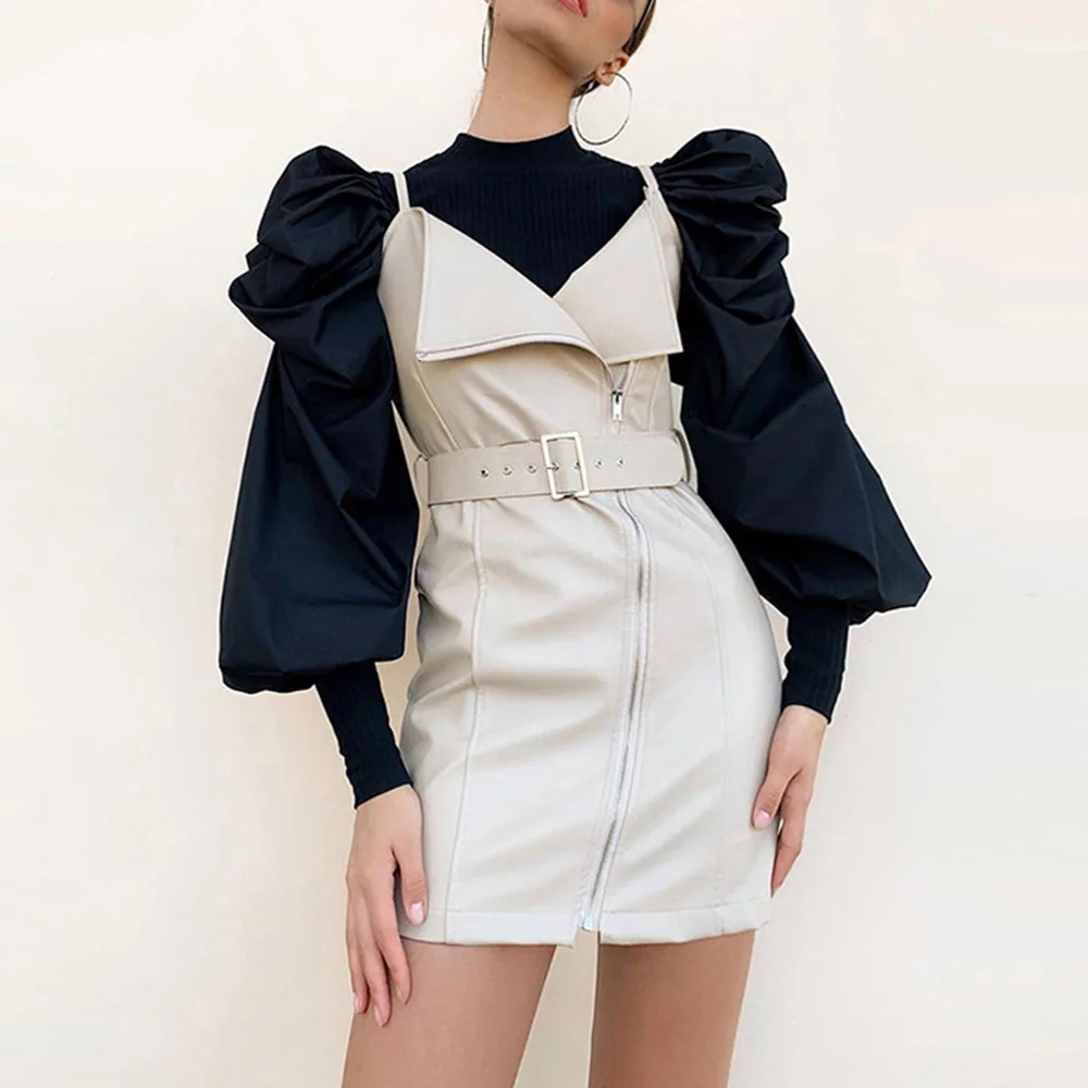 Женские черные футболки Блузы топы с пышными рукавами 2019 модная уличная одежда