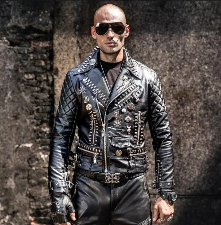 

Korean version Motorcycle leather men's tide hip hop rivet punk lapel leather jacket diagonal zipper handsome Rock Singer Coat