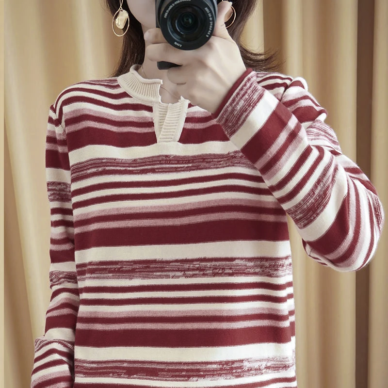 Purplish Red Stripes Женский свитер в полоску GCAROL, вязаный разноцветный джемпер с V-образным вырезом, трикотажный пуловер большого размера, джемпер радужного цвета размера 2XL для осени и зимы - Цвет: Purplish Red Stripes