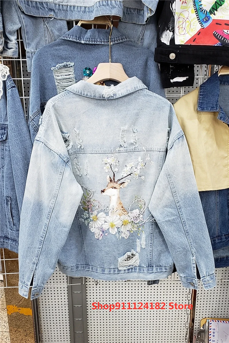 

Thailand Tide Brand 2021 Spring and Autumn New Korean Version of Loose and Thin Printing Heavy Industry Beaded Hole Denim Jacket