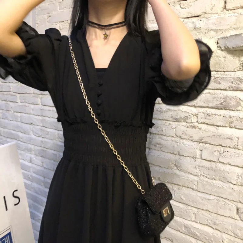 

Sakurada Kawashima 2021 Summer New Dark Yamamoto Style Ins Korean Style Slimming Retro V-neck Chiffon Dress for Women