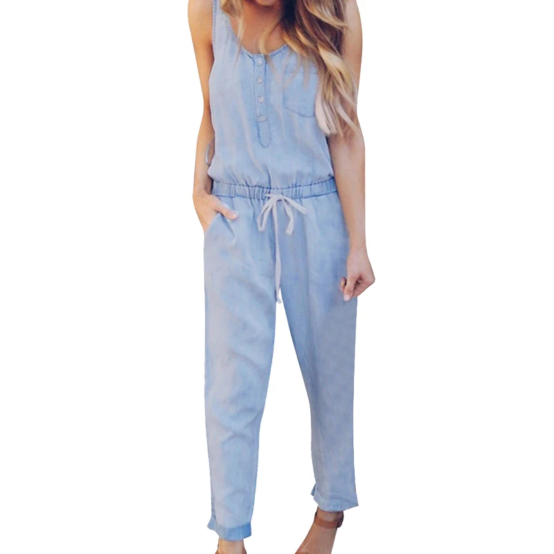 Женский джинсовый комбинезон свободный без рукавов с эластичной резинкой на