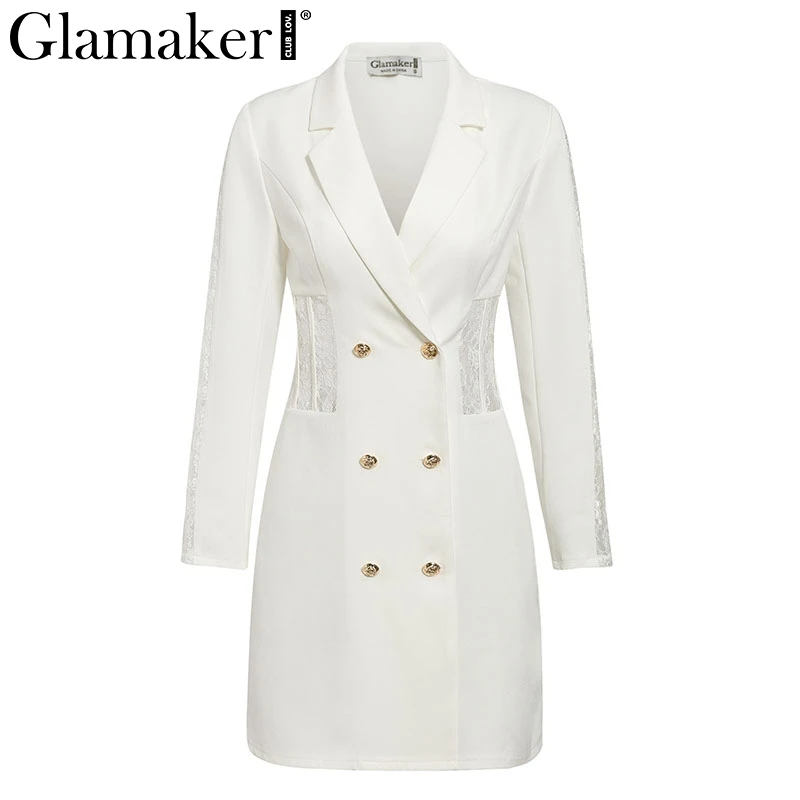 Glamaker, Сексуальное Лоскутное Платье-Блейзер, женское белое двубортное осеннее короткое платье, женские элегантные зимние вечерние платья, облегающее платье - Цвет: Белый