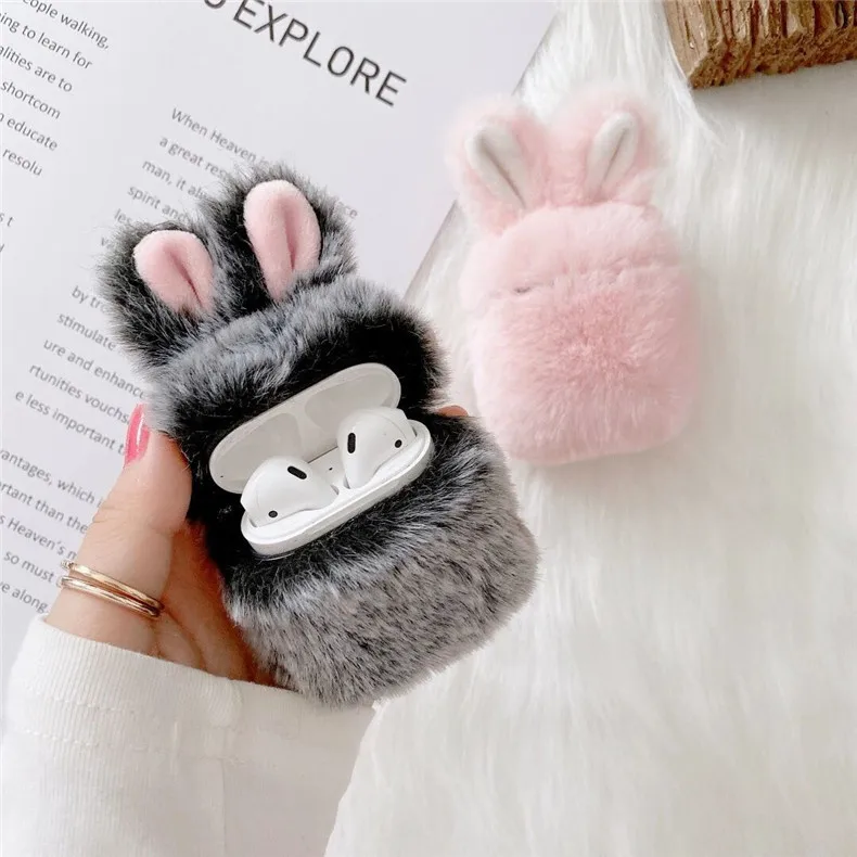 Cute 3D Rabbit Ear Earphone Case for Airpods 1 2 Winter Warm Fluffy Wireless Bluetooth For AirPods 3 Pro Protective Cover  - buy with discount
