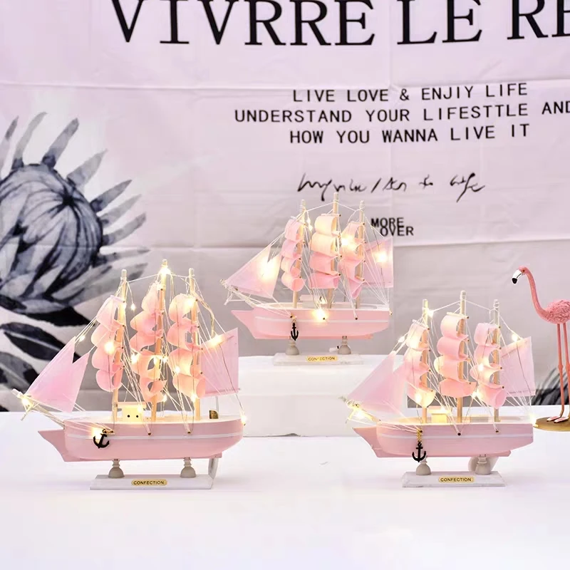Vehicle Toy Pink Simulate Wooden Sailboat Arts and Crafts Living Room Decoration Table Furnishings Birthday Gift for Girl friend |
