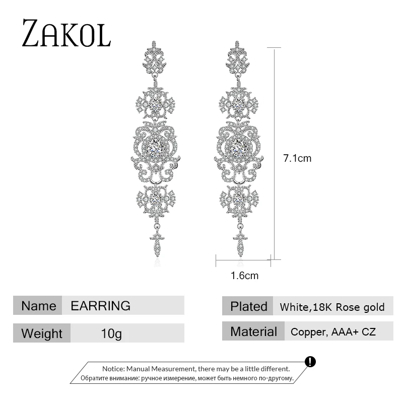 ZAKOL Роскошные циркониевые Свадебные Висячие серьги для женщин модные свадебные
