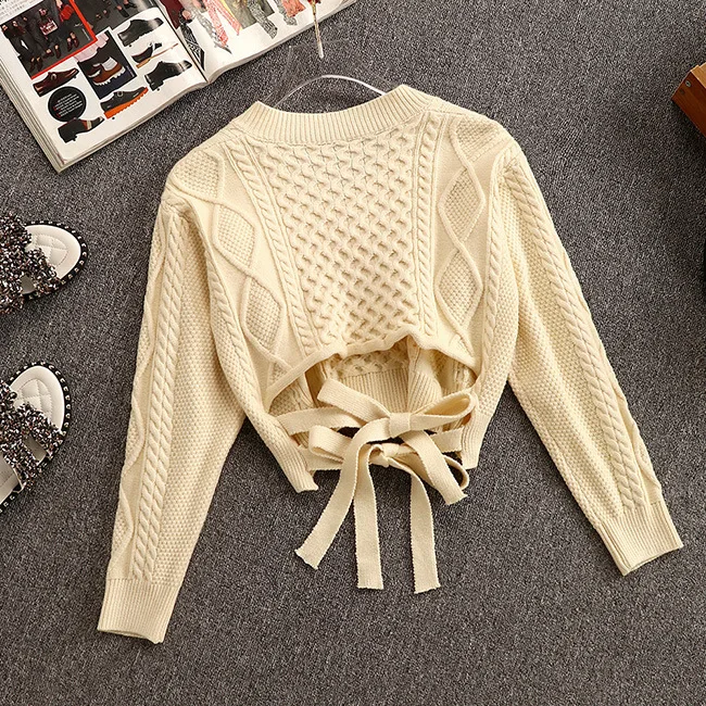 Осенний женский короткий свитер модный с v-образным вырезом на спине