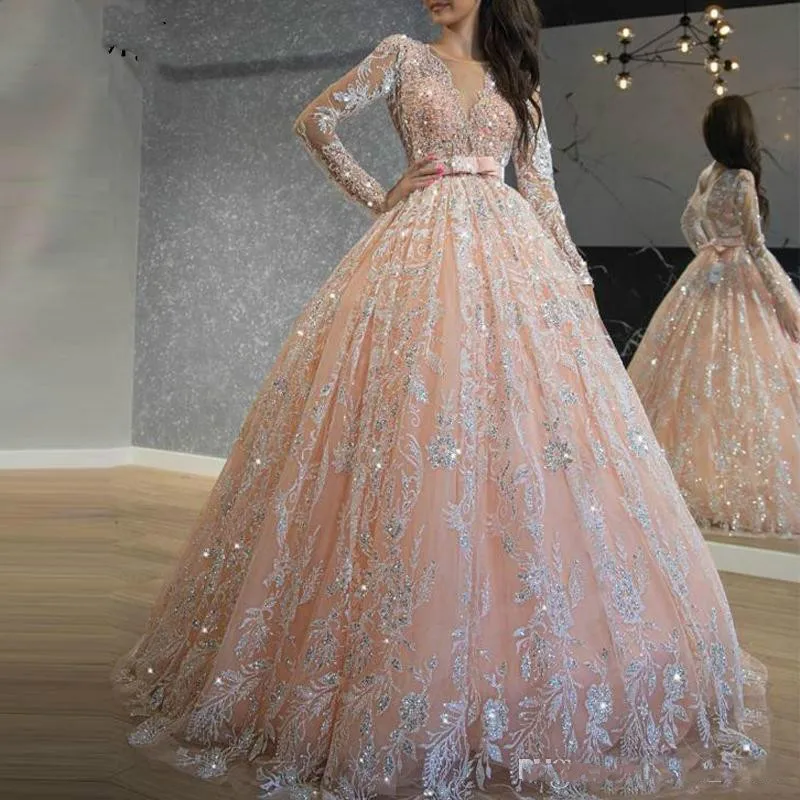 

2020 Sparkly Pink Quinceanera Dresses Sequin Lace Ball Gown Prom Jewel Neck Long Sleeve Sweet 16 Dress Formal