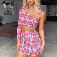 fashion skirt set for women plaid skinny sexy party club loungewear women one shoulder casual two piece outfits for women