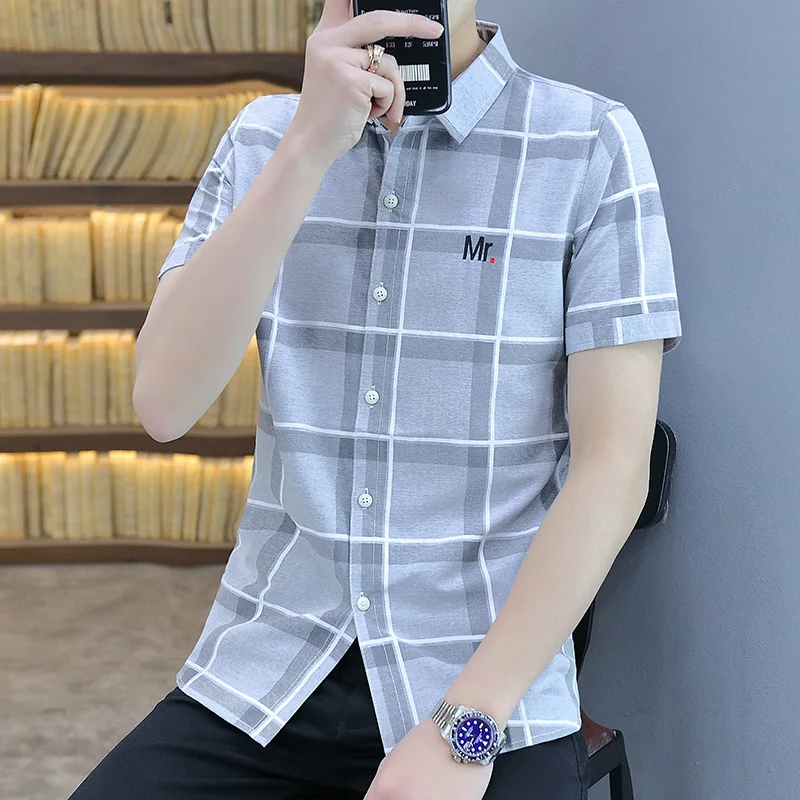 

2021 summer thin Casual Short Sleeve Shirt Men's Korean fashion brand striped half sleeve shirt handsome inch shirt
