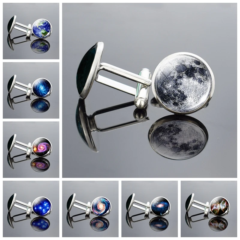 Полная луна запонки Туманность галактика планеты стекло кабошон Запонки Мужские