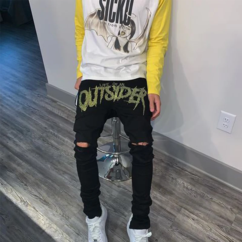 Men Black Ripped Jeans Trend Hip Hop All-match Street Comfortable Trousers Skinny Destroyed Stretch Rhinestones Punk Denim Pants