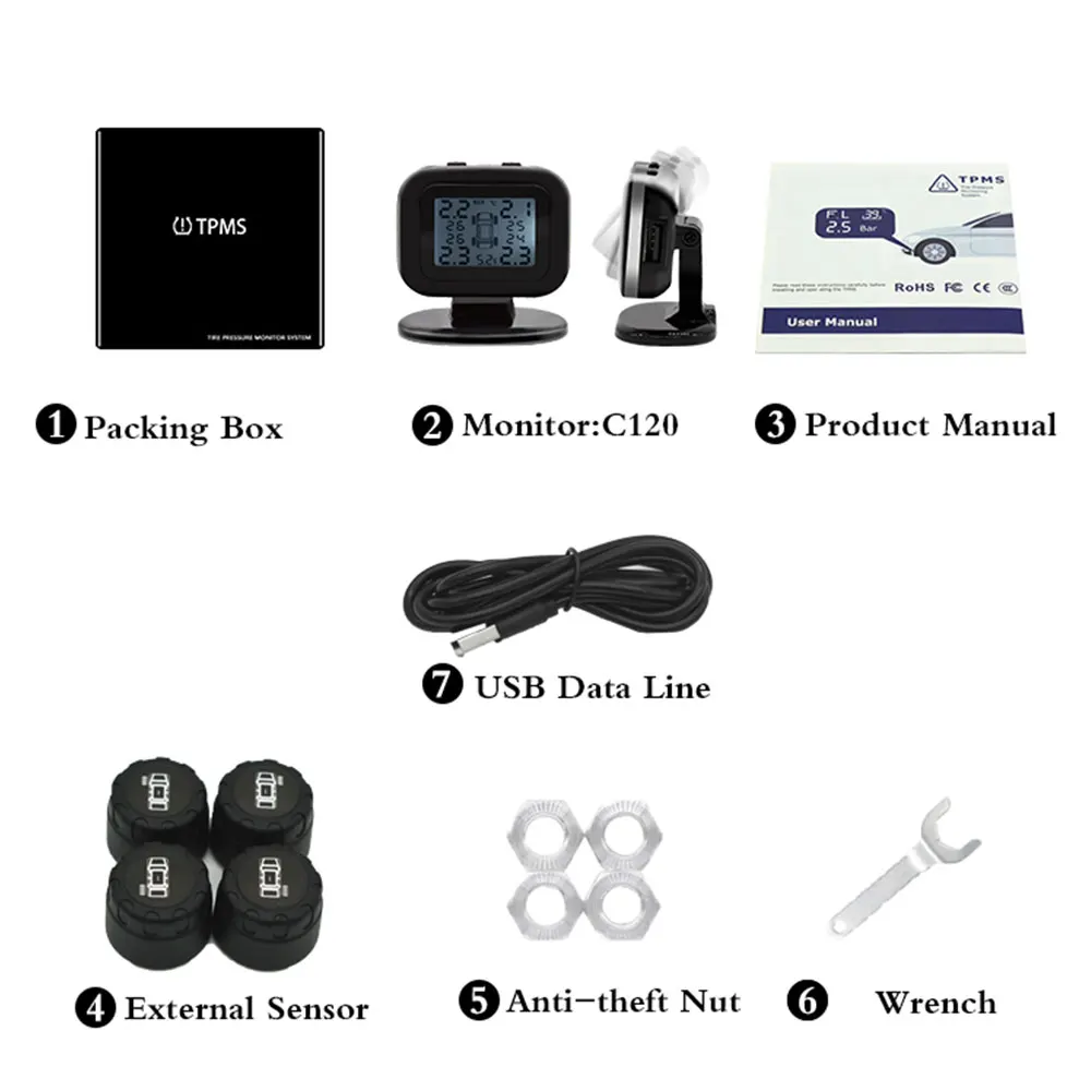 Датчик давления в шинах Vehemo цифровой измеритель 4 шт. с сигнализацией высокой