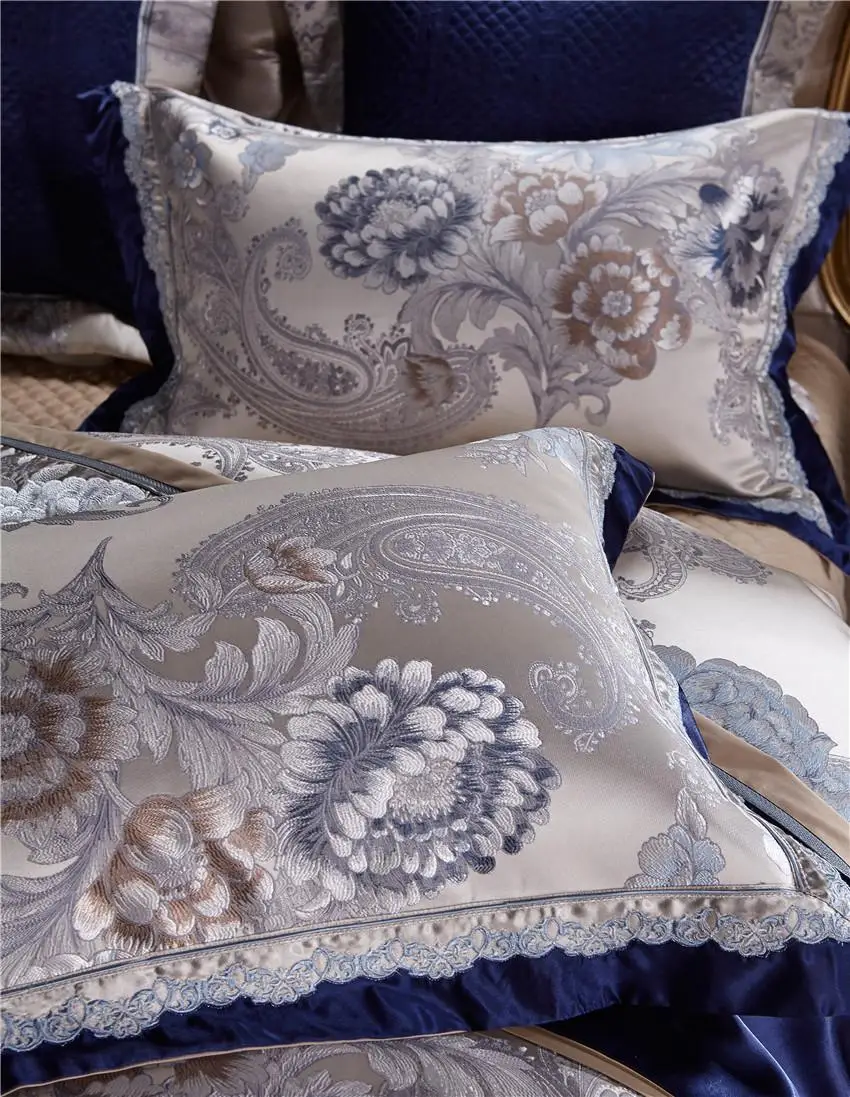 

4/6/10Pcs Blue Silver Luxury Bedding set Queen King size Cotton Bed/Flat sheet Bed spread set Satin Duvet cover juego de cama