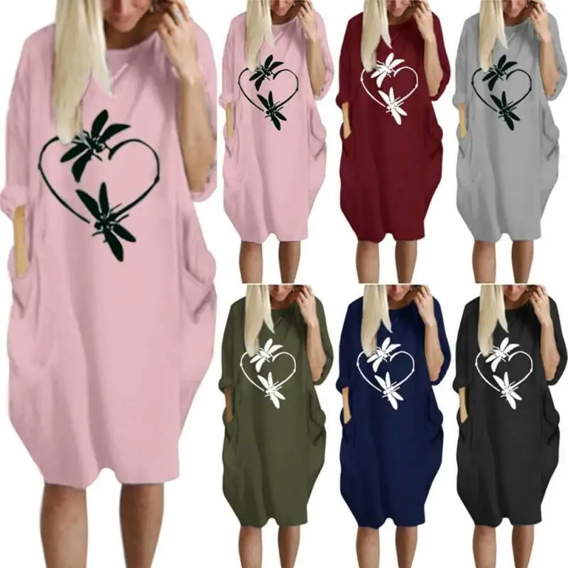 

VICABO Womens Dragonfly-print Dress Casual Long Sleeve T-Shirt Ladies Dresses O-neck Pockets Baggy Autumn Vestidos
