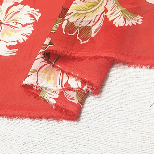 Прозрачная Шелковая марлевая ткань с цветочным принтом на красном SCG336 | Дом и сад