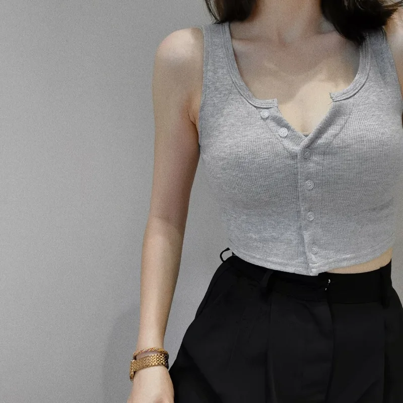 

Womengaga Four Color V-neck Button Basic Style with Thin Base Slim Fashionable Korean Style Short Sleeveless Suspender Vest Njtg