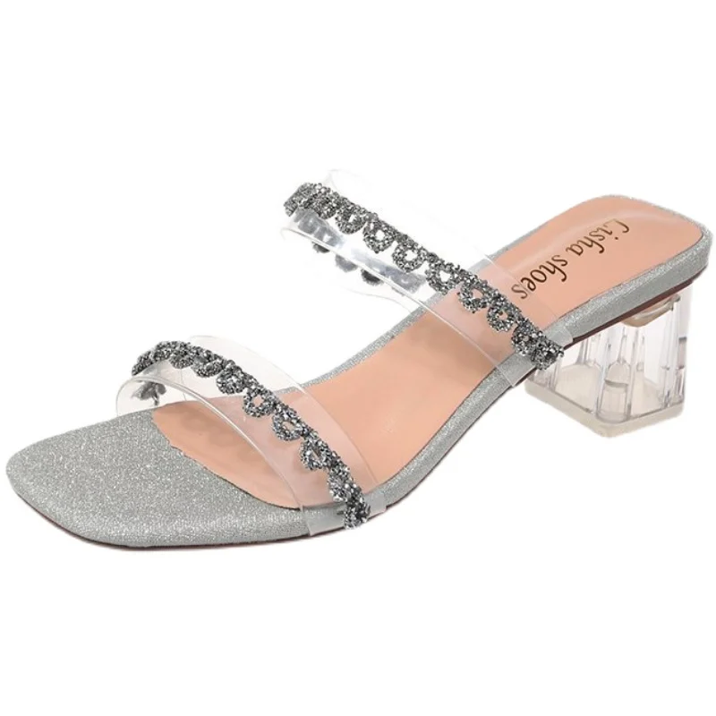

Slippers Casual Glitter Slides Square heel Shoes Women Heels Pantofle Med Luxury Jelly Block High 2021 Summer Soft Scandals Fash