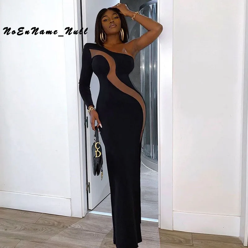 

Women 2021 fall patchwork one shoulder see-through long sleeve slim dress Low-cut Cut Out Waist Elegant Goddess Style For Women