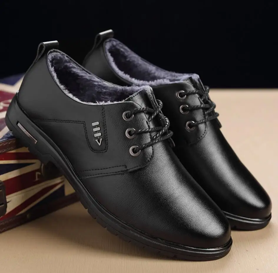 Мужские кожаные ботинки-оксфорды повседневные теплые классические ботинки с