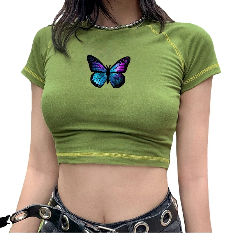 

Summer 2021 New Women's Butterfly Letters Printed Crop Top Round Neck Short-sleeved T-shirt Girl Tshirts