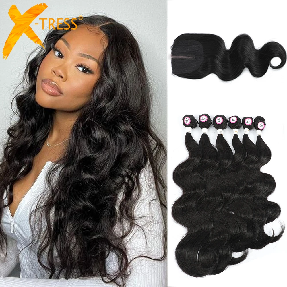 

Body Wave Synthetic Hair Extensions With Lace Closure X-TRESS Hair Weave Bundles For Women 4X4 Closure Middle Part Wavy Hair