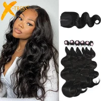 body wave synthetic hair extensions with lace closure x tress hair weave bundles for women 4x4 closure middle part wavy hair