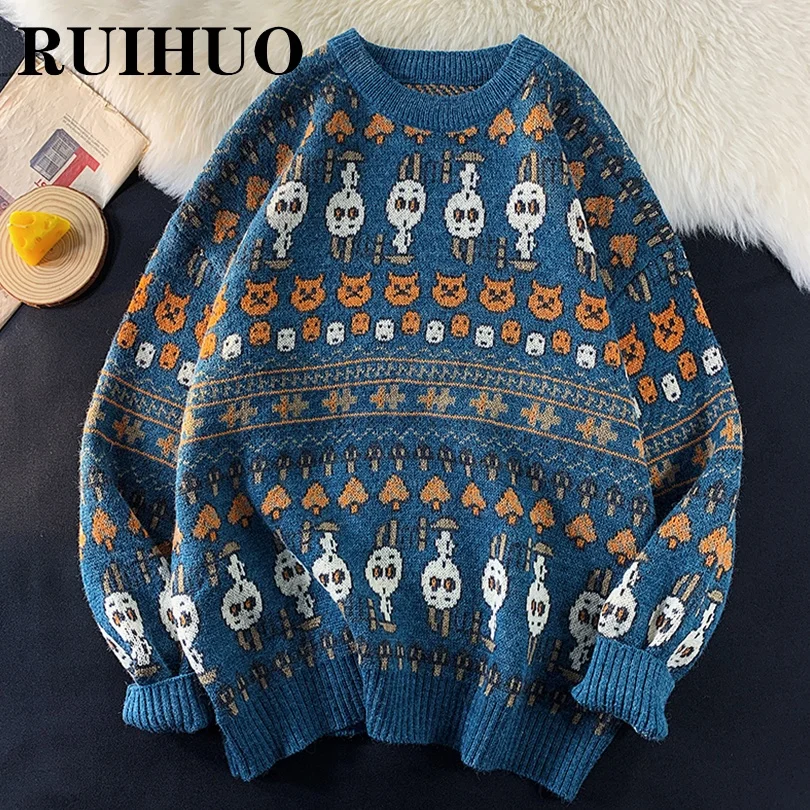 RUIHUO Knitted Sweater Men Clothing Harajuku Fashion Mens Sweaters Pullovers Retro Clothes Knitwear 2XL 2022 New Arrivals | Мужская