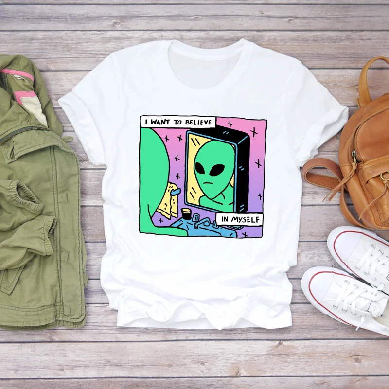 

Women 2020 Cartoon Alien Funny Printing Female Womens Tee T-Shirt Print Summer Shirt T-shirts Top T Graphic