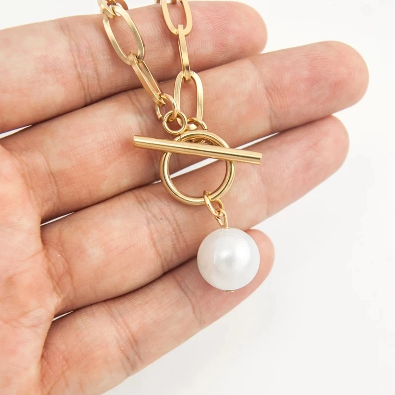 

Natural Shell Pearl Toggle Necklace For Women Chunky Chain Necklace Stainless Steel Heavy Duty Chain Choker Collier Collar