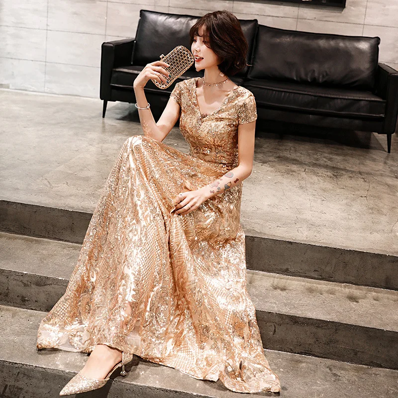 

Sexy V-Neck Floor-Length Evening Party Dress Office Lady Exquisite Sequins Trim Banquet Gown Gold Elegant Prom Dresses