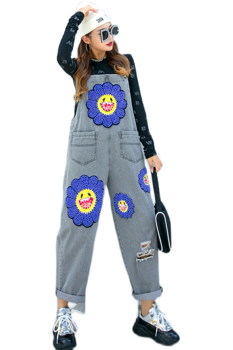 

Thailand tide brand heavy industry beaded denim overalls women's age-reducing holes loose ins tooling overalls autumn