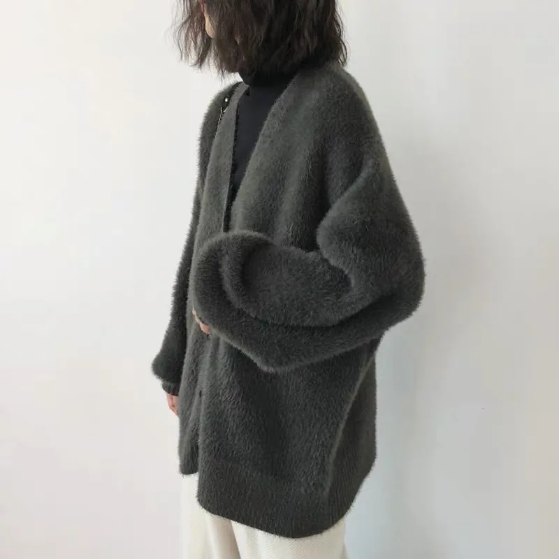 Женский однобортный Кардиган свободный облегающий вязаный свитер средней длины