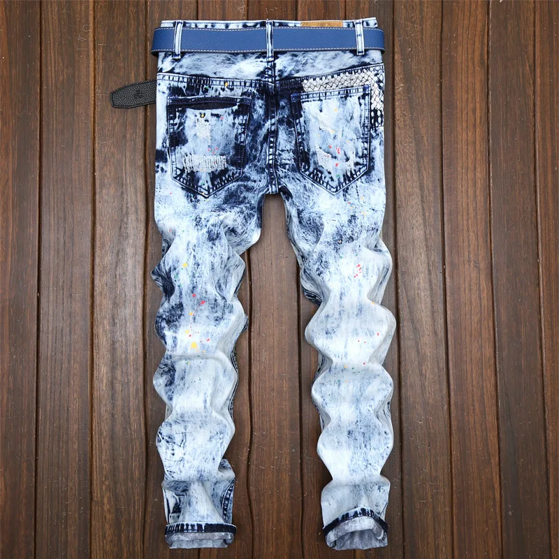 

Men's Jeans Splash Ink Ripped Straight Slim-Fitting Cool Distressed Color Matching Patch Men's Pants