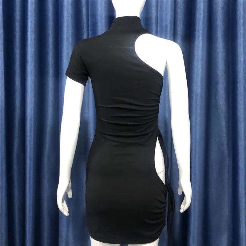 

WJFZQM Sexy Stand Neck Black Women Bodycon One Shoulder Dress Hollow Out Drawstring Club Party Bandage Mini Dress 2021 Summer