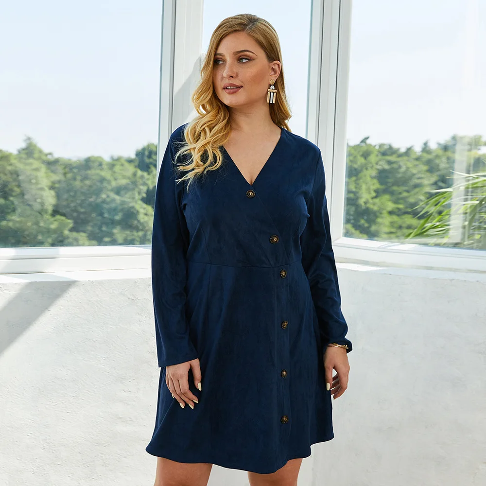 Spring autumn new plus size dress for women large casual slim long sleeve knee length button V neck dresses blue 4XL 5XL 6XL 7XL | Женская