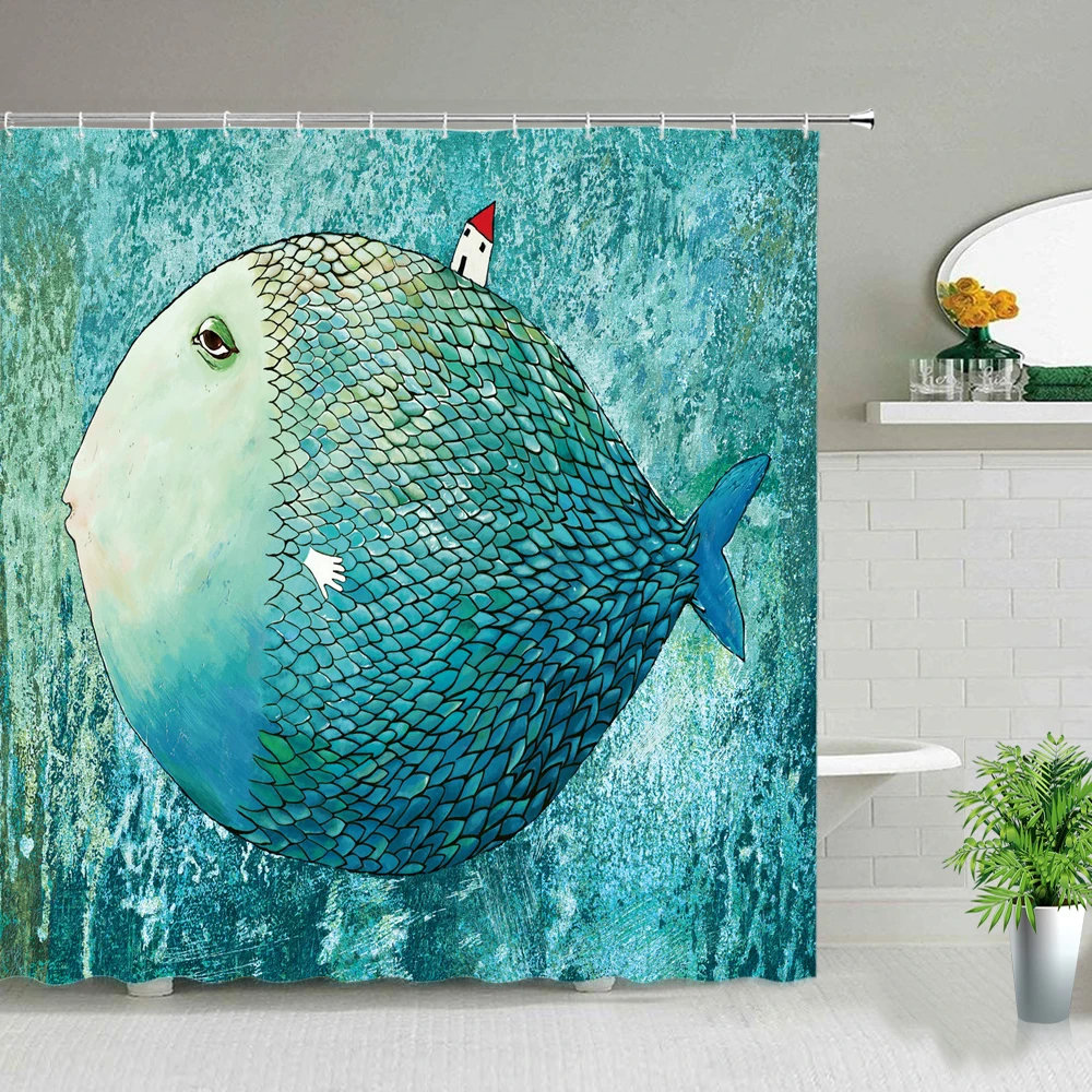 

Funny Dolphin Shower Curtains Cute Ocean Animal Blue Seawater Sea Wave Scenery Bathroom Decor Cloth Hanging Curtain With Hooks