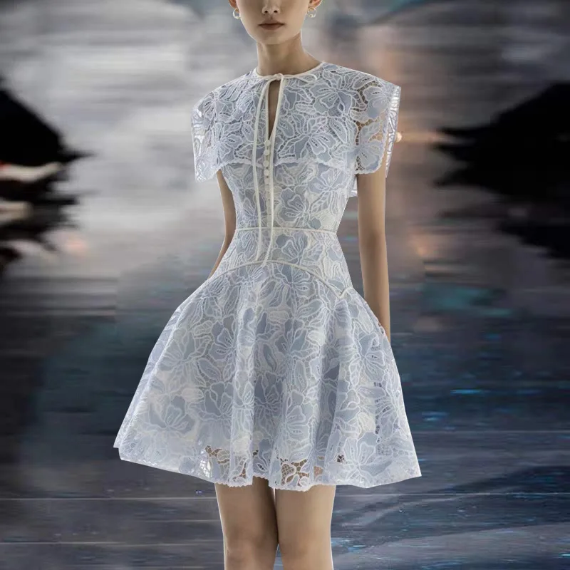 

Женское винтажное кружевное мини-платье, подиумное голубое платье с цветочной вышивкой, лето 2021