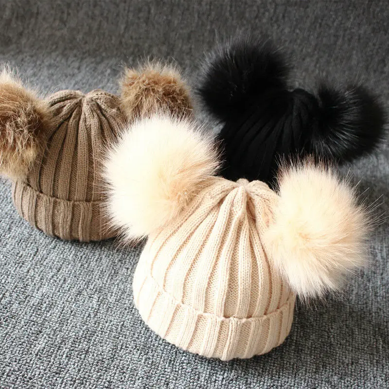 Baby Kids Girls Boys Winter Warm Knit Hat Furry Balls Pompom Solid Cute Lovely Beanie Cap Fur Pom Gifts | Детская одежда и обувь