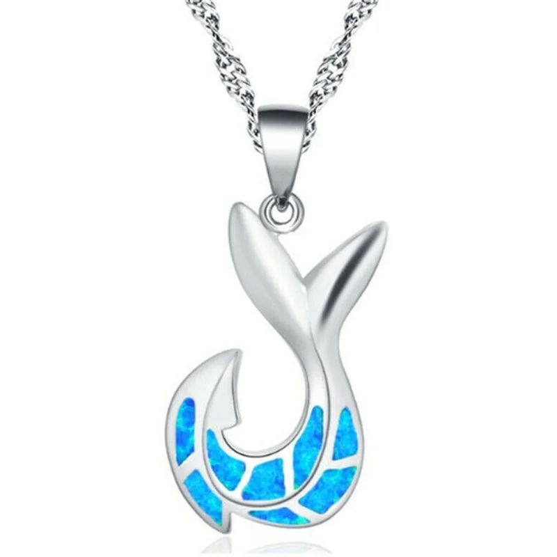 

Fashion Silver Simulated Opal Blue Fish Tail Pendant Necklace Engagement Jewelry