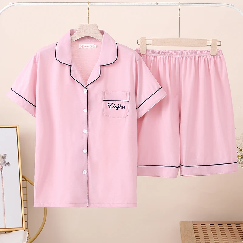 

Plus Size 5XL 6XL 7XL Women Pyjamas Short Sleeve Casual Homewear 2021 Summer solid Pajama Sets Full Cotton shorts Sleepwear Set