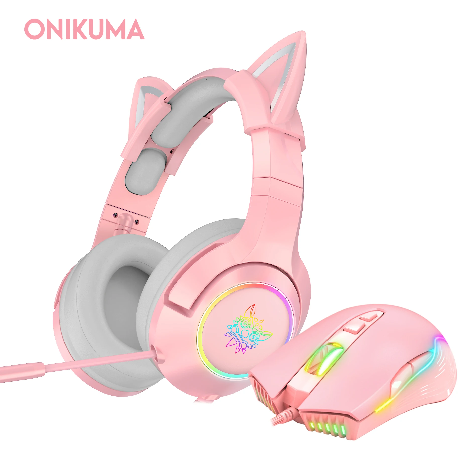 Игровая гарнитура RGB розовые USB проводные наушники с шумоподавлением 7 1 + игровая